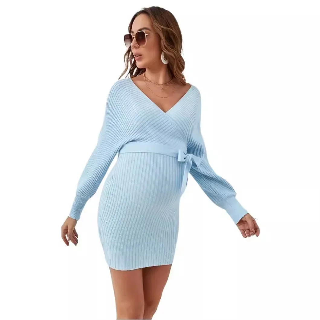 American Fashion Knitted Dress for Maternity Autumn Winter Sexy Hot V Neck Ties Slim Waist Min Sweaters Dress for Pregnant Women