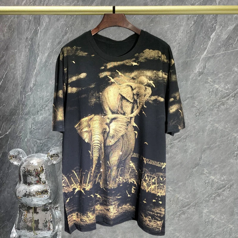 

Animal Pattern Hot Drilling Tshirt Summer Round Neck Short Sleeve T-shirt For Men Fashion Social Club Outfits Tee Shirt Homme