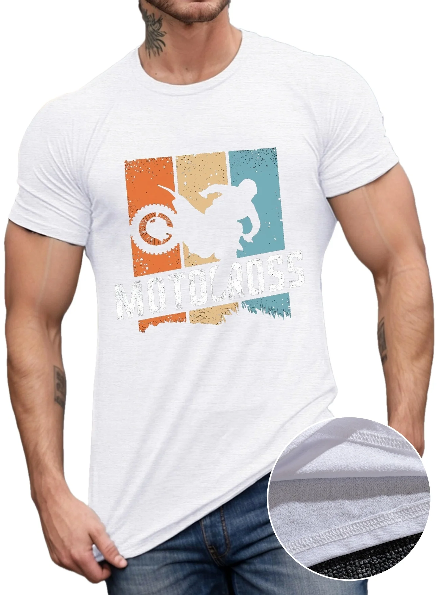 

Comfortable Lightweight Men's Crew Neck Short Sleeve Motocross Rider Silhouette Print Tees, Stylish Casual T-shirt for Summer