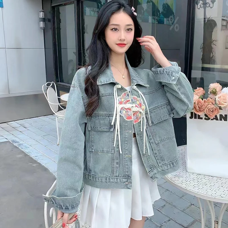 

2024 Fashion Short Embroidery Loose New Chinese Style Denim Jacket Korean Spring Autumn Retro Leisure Pocket Long Sleeve A043