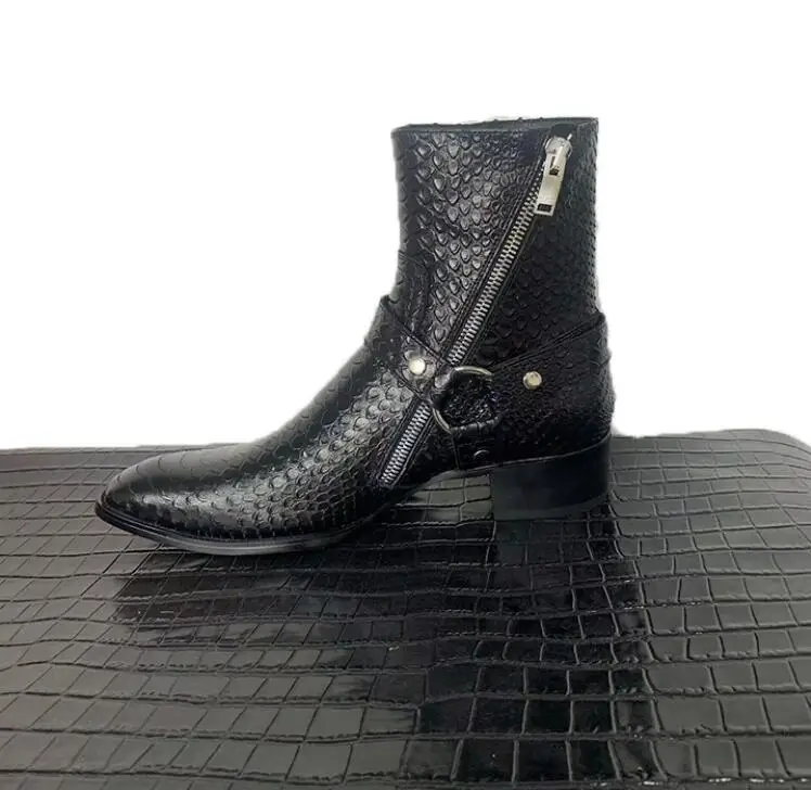 

British Black Python Cow Leather Clasp Buckle Belt Ankle Boots Men Snake Pointed Toe Chunky Heel Man Chelsea Boots Hombres