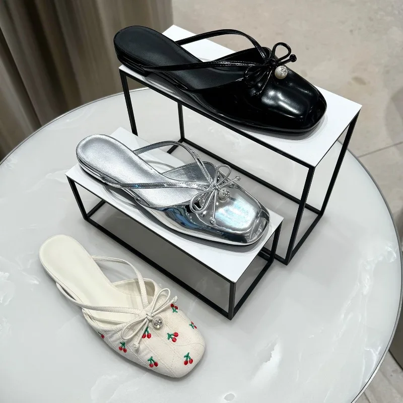 

Fashion Women's Sandals Cherry Embroidered Bow Decorative Bag Head Half Slippers Low Heel Half Pedal Slippers Sandalias De Mujer