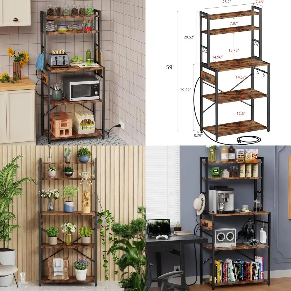 Bakers Rack with Power Outlet, 5 Tiers Coffee Bar Table, Kitchen Microwave Stand with 6 S-shaped Hooks, Kitchen Storage
