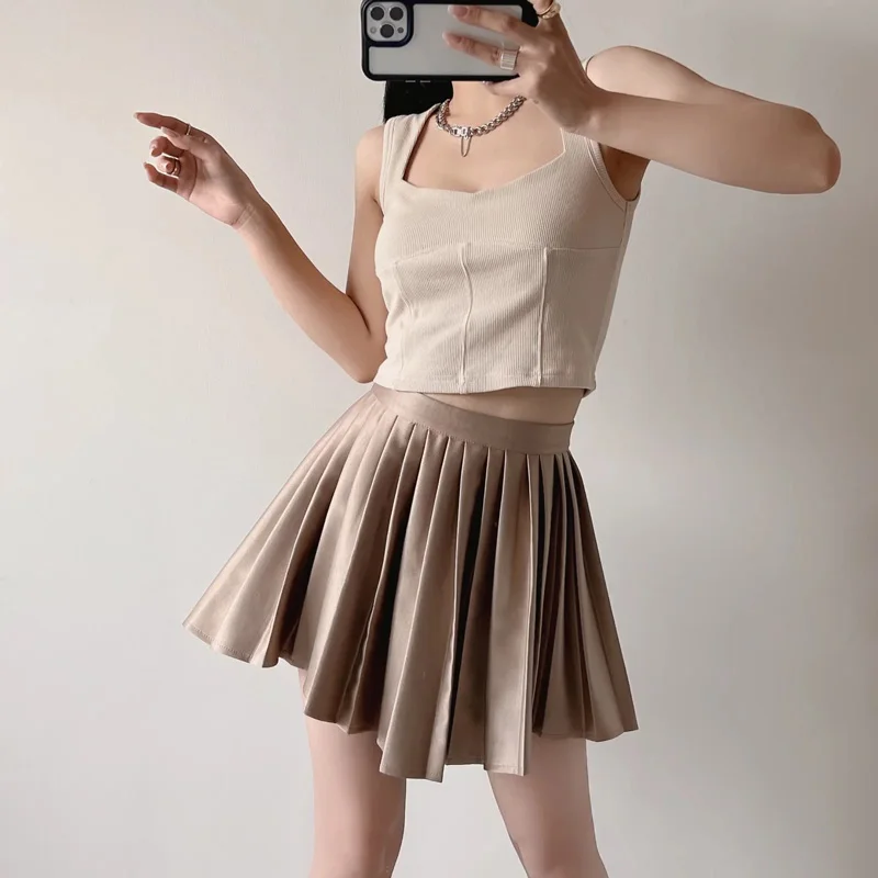 Women Satin Pleated Mini Skirt