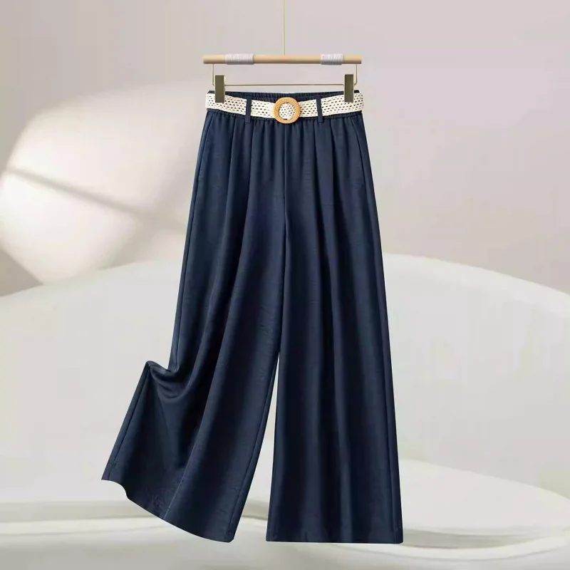 بنطال برتقالي مريح واسع الساق للنساء، سروال صيفي رفيع عالي الخصر للتخسيس ثنيات كاجوال مكون من ثماني نقاط مستقيمة #1