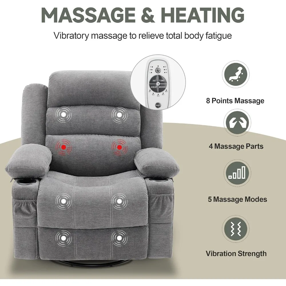 Rocker Recliner Chair with Heat and Massage, 360° Swivel Recliner Chairs for Adults, Oversized Recliner Single Sofa Seat