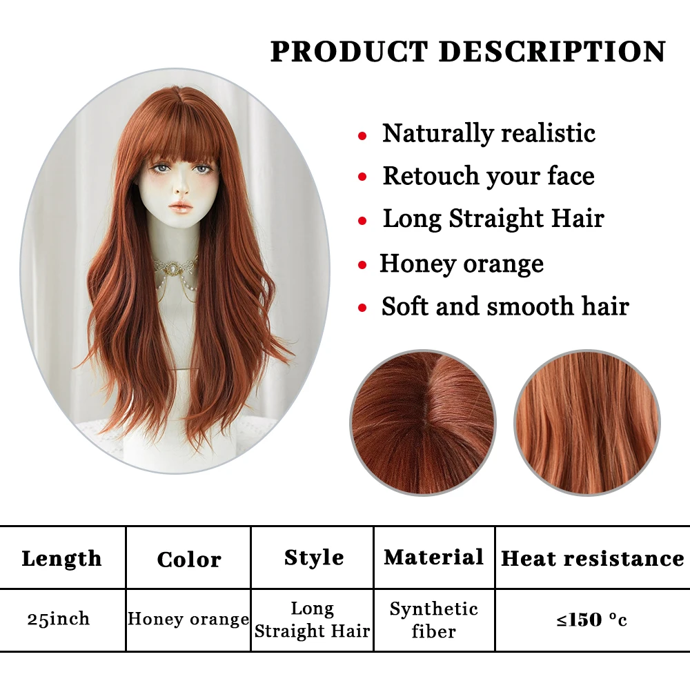 PARK YUN Long wave orange Wig for Women Natural bangs popular Sweet Synthetic Wigs Heat Resistant Daily Cosplay Lolita long Wig