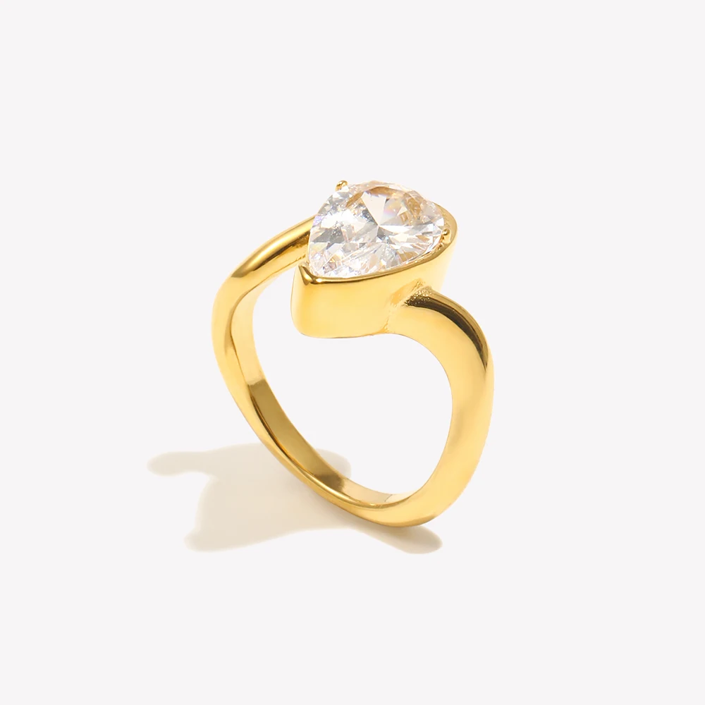 E.B.belle Water Droplet Shape Rhinestone Distortion Ring Gold/SIlver Color Stainless Steel Jewelry For Women Fashion Charm Gift