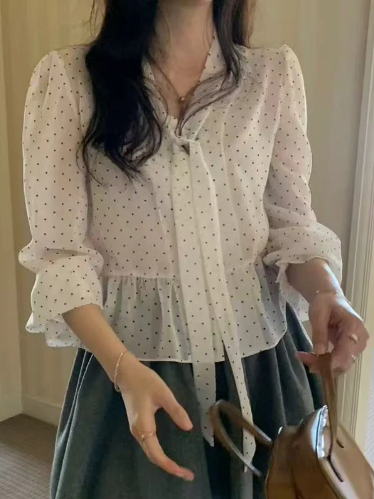 

Retro Polka Dot Embroidery V Ne Splice Long Sve Women's irt Spring New Loose Versatile Blouse Inner Wear Casual Top