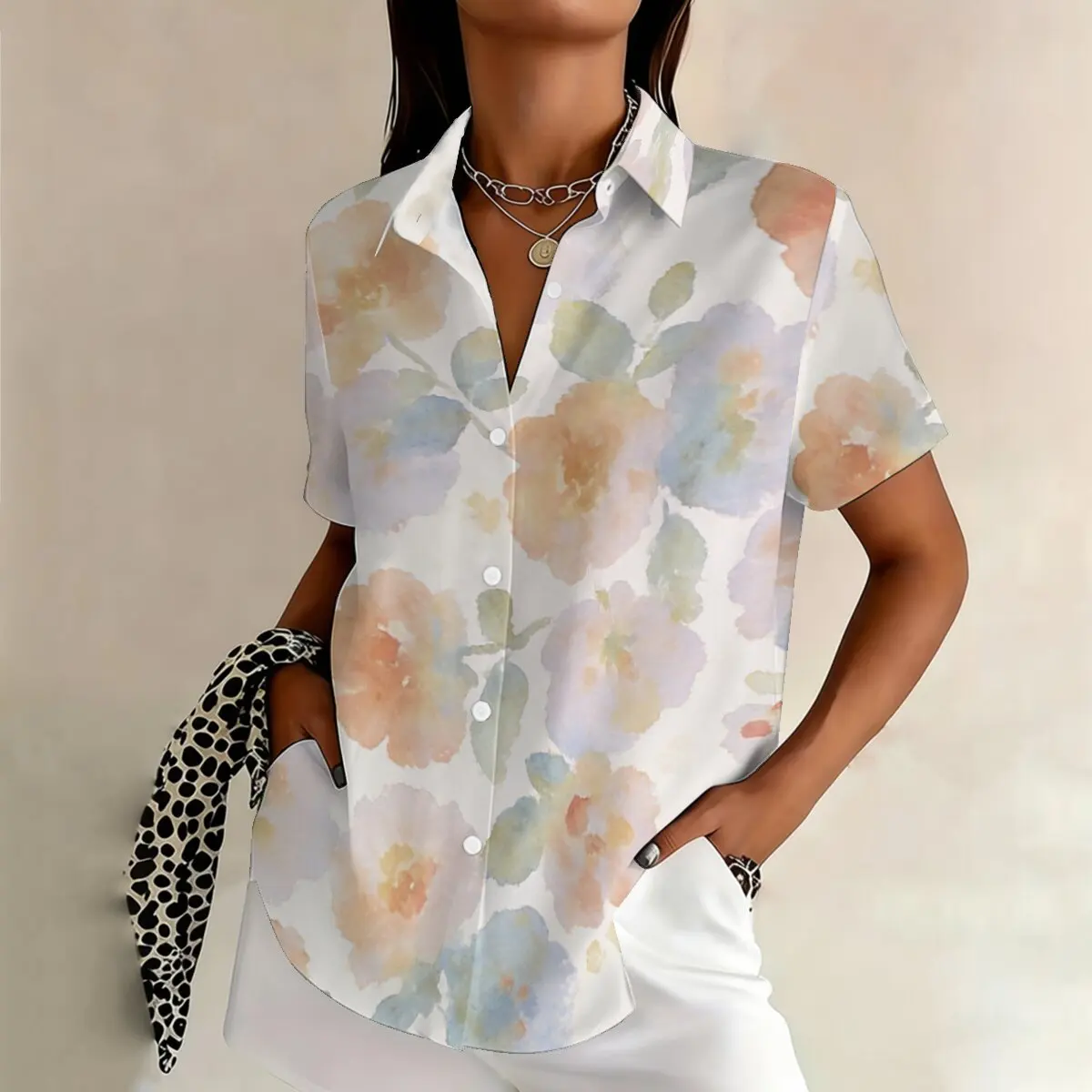 

Летняя женская рубашка больших размеров с короткими рукавами, акварельный цветочный принт, нежная и интеллектуальная, свежая и романтичная, универсальная.