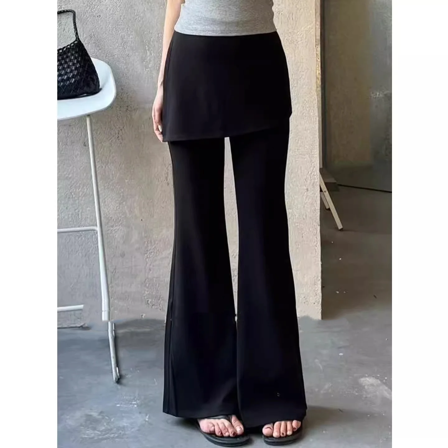 Casual High Waist Bell Bottom Pants Women's Summer American Lazy Elastic Slimming Sports Pants Design Sense Fake Two-Piece