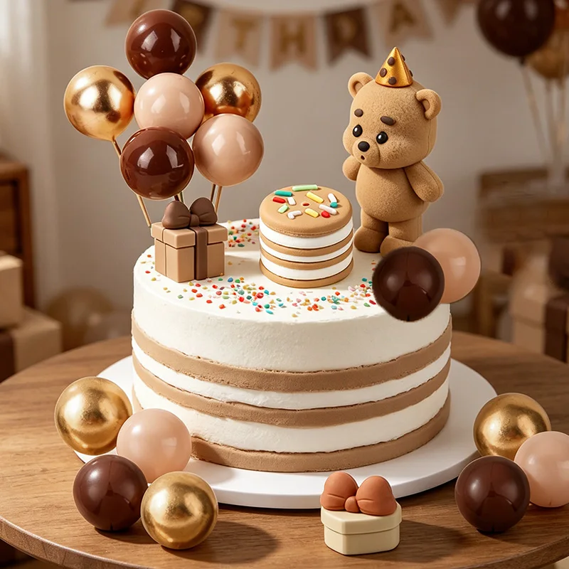 

1Set Cute Cake Topper Plastic Foam Birthday Cake Decoration with Bear Figurines Gift Box Ball DIY Baby Shower Themed Party Cakes