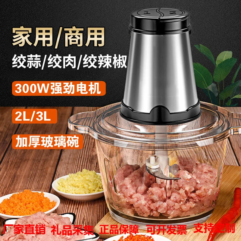 Electric Meat Grinder 3L Dual Knife Dual Bowl 300W Stainless Steel Glass Bowl 2 Speed Home Use Meat Vegetable Chopper
