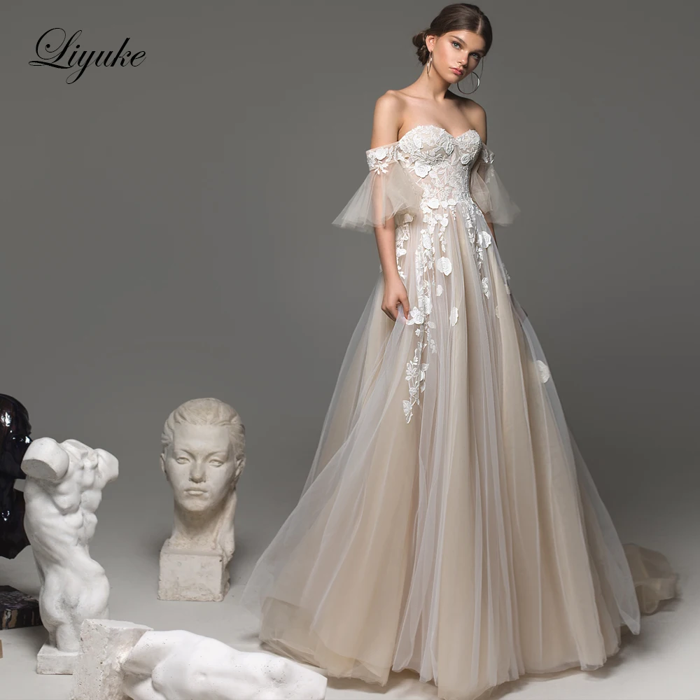 

Liyuke Silky Tulle A-line Wedding Dress Shimmering Floral Lace Elegance Champaghe Off Shoulder Sleeves Bridal Gowns