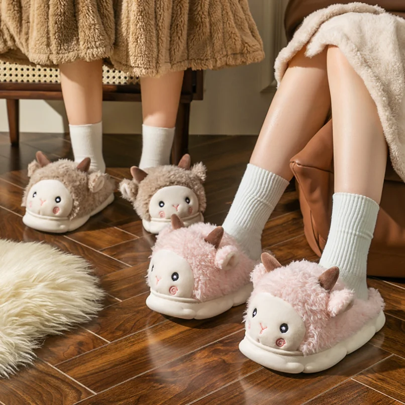 Damskie pantofle domowe Alpaca Winter Warm Kawaii Plush Contton Indoor Floor Non Slip Fuzzy House Shoes Female 2024 New In 8 March