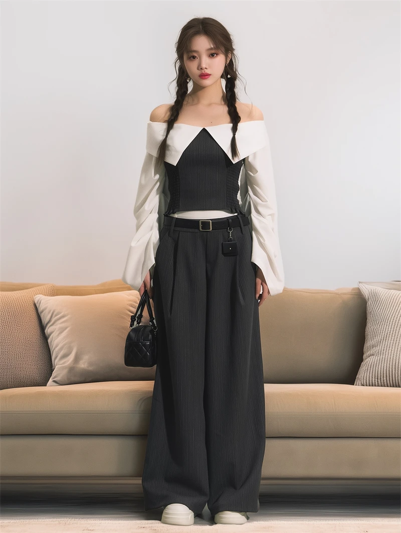 レディースオフショルダートップス2025パッチワークシャツカジュアルルーズショートブラウス長袖ブラウスオーバーサイズSL148 パーティーブラウス