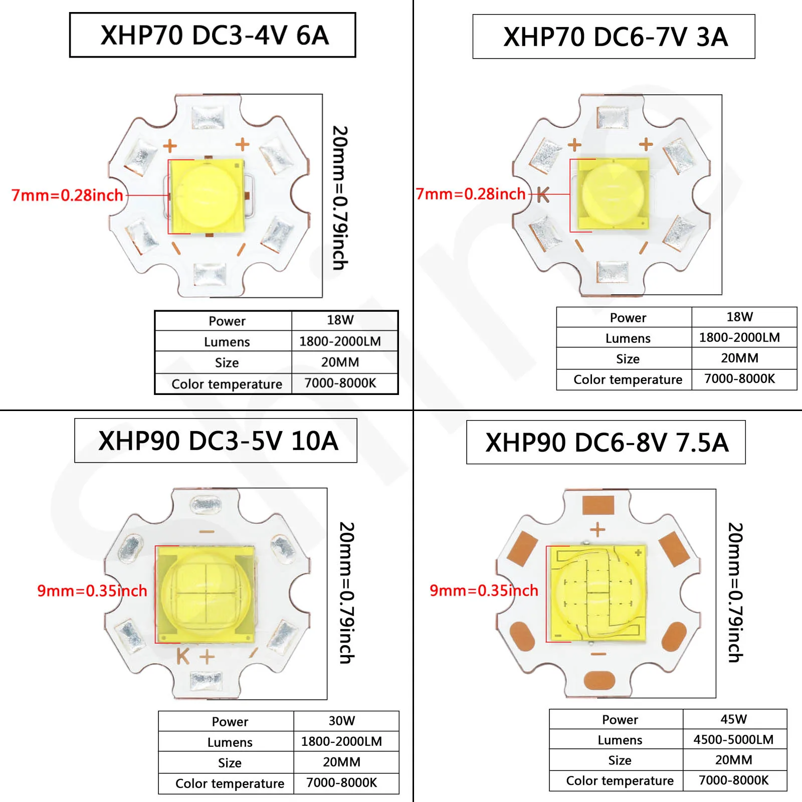 Perles LED XHP50 XHP70 XHP90 XHP110 LED COB PCB puce 5W 18W 30W 45W 54W 72W 20mm DC3V 5V 6-8V 24V pour lampe de poche éclairage de voiture bricolage