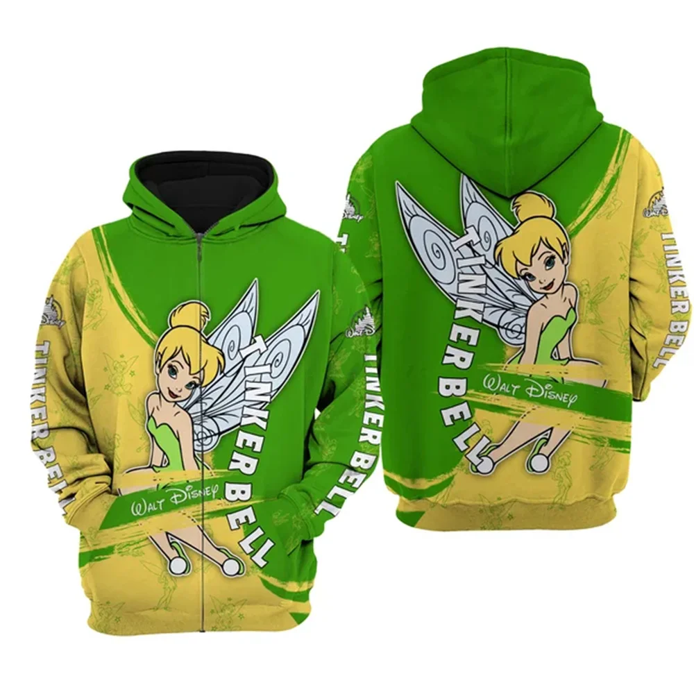 

2024 Disney Tinker Bell Punk Words Pattern Hoodie Men Women's Tinker Bell Florals Hoodie 3D Zip Hoodie Fashion Ladies Sweatshirt