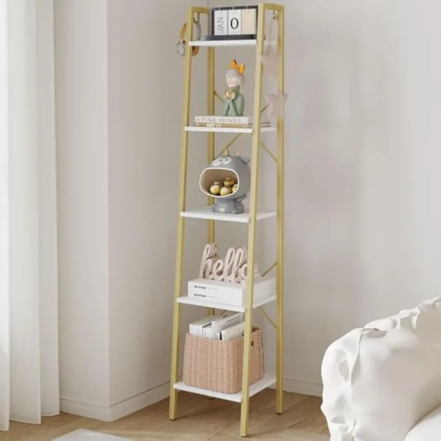 

Ladder Shelf, Bookshelf Bookcase, Freestanding Corner Storage Shelve with 2 Hooks for Home Office, Living Room, Kitchen, Bedroo