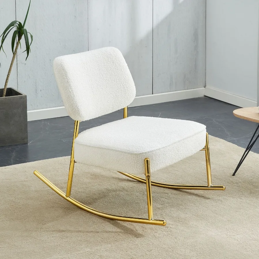 

Teddy suede material cushioned rocking chair unique rocking chair cushioned seat white rocking chair with backrest and golden m