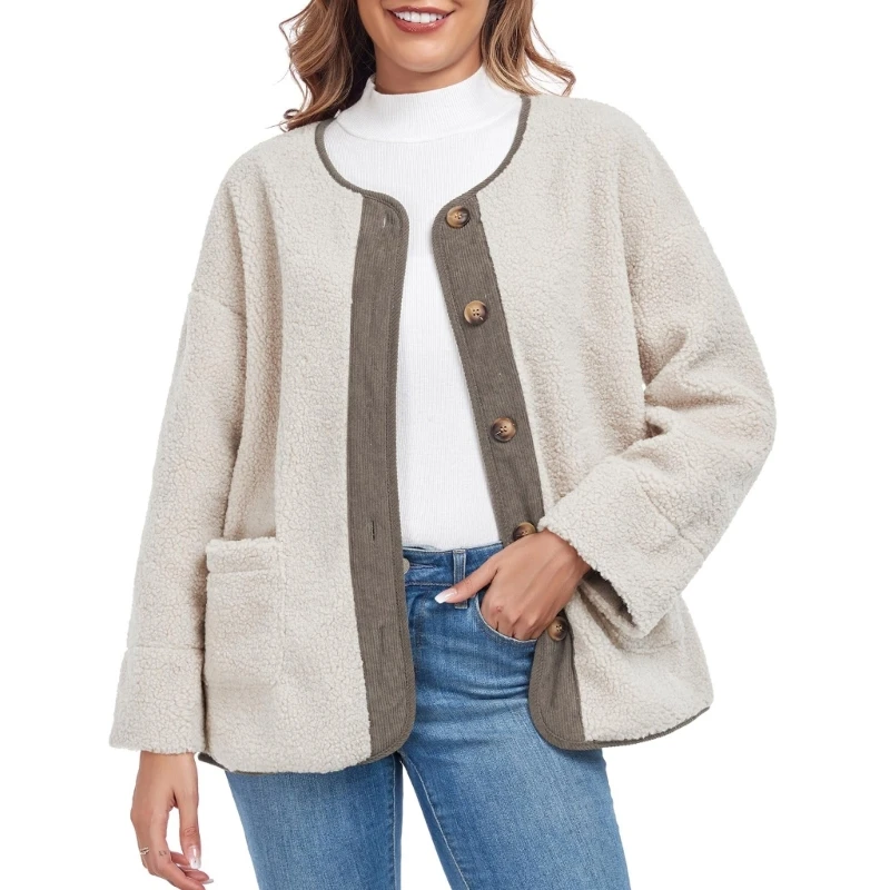 

Womens Sherpa Fleece Jacket Casual Long Sleeve Button Up Corduroy Fuzzy Warm Winter Coats Outerwear with Pockets