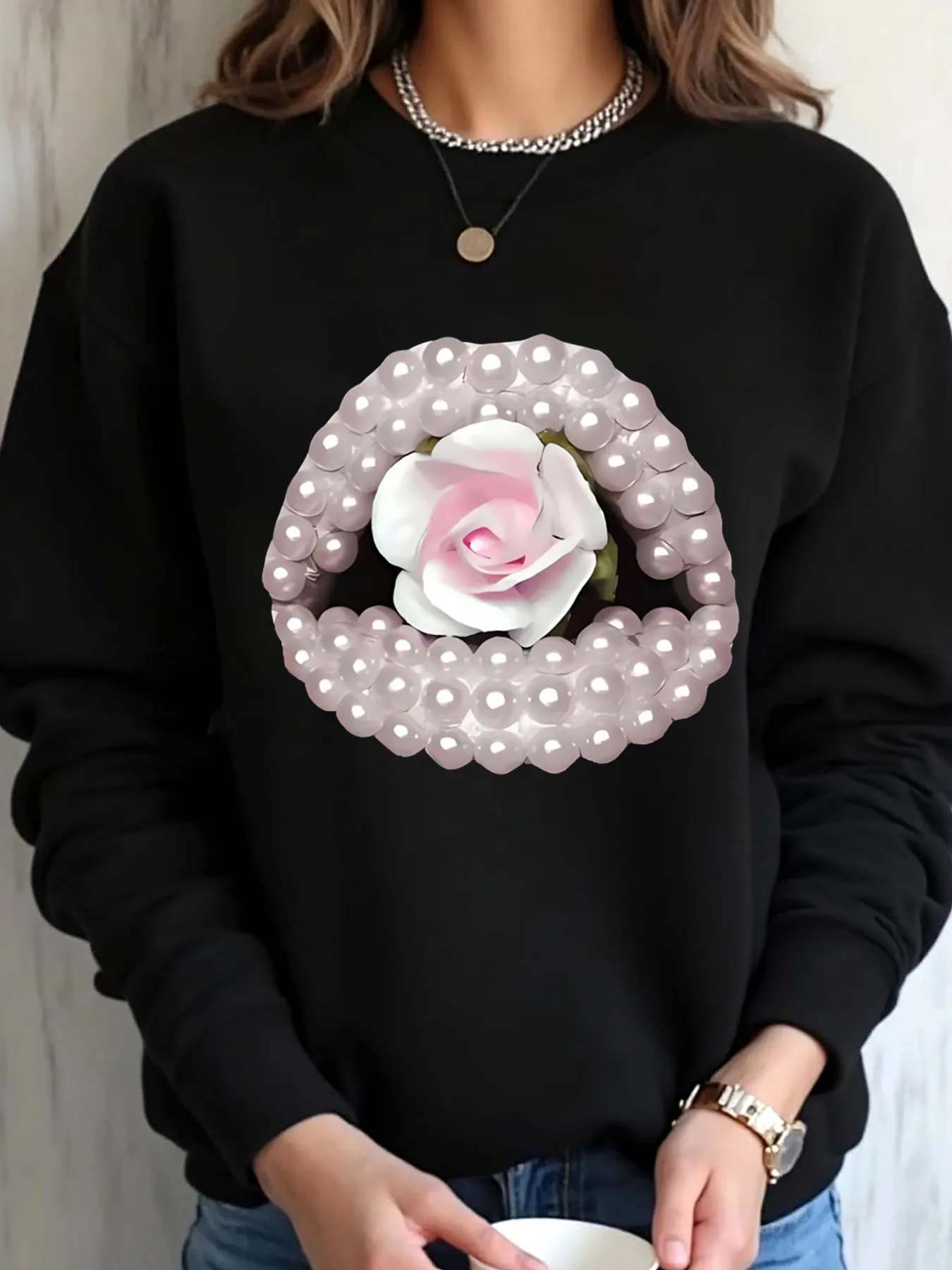 سويت شيرت نسائي كبير الحجم مطبوع عليه لؤلؤ عيد الحب الوردي ملابس خارجية