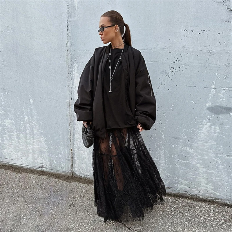 Elegant Black Lace Maxi Skirt Women's High Waist Bottom Summer Sexy Sheer Niche Aesthetic Skirt Fashion Patchwork Umbrella Skirt