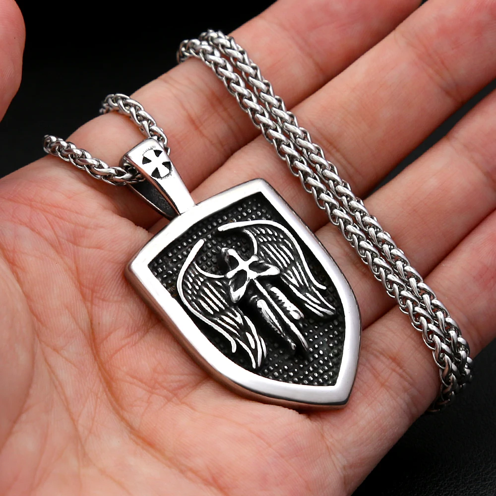 Mens Saint Michael Shield Necklace Stainless Steel Winged Archangel Portrait Charm Unisex Retro Punk Biker Hip Hop Jewelry Gift