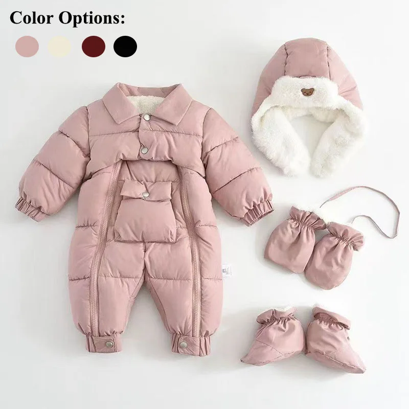 0-18M Baby Rompers 4PCS Set Winter Warm Fleece Lining Jumpsuits+Detachable Hat+Gloves+Foot cover Children Snowsuits Boys Girls