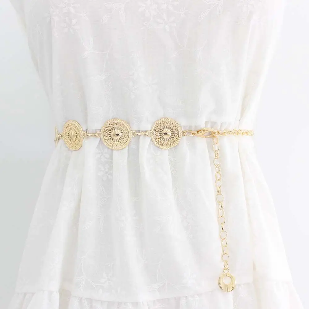Elegant Round Metal Belt For Women Retro Gold Silver Carved Hollow Out Chain Long Belts Dress Decorative Lady Waistband