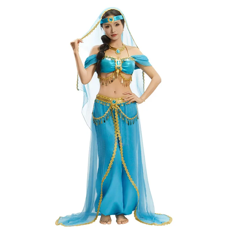 Halloween Jasmine Princess Cosplay Costume Women Sexy Indian Dance Dress SuitArabian Princess Costumes Carnival Perform Clothes
