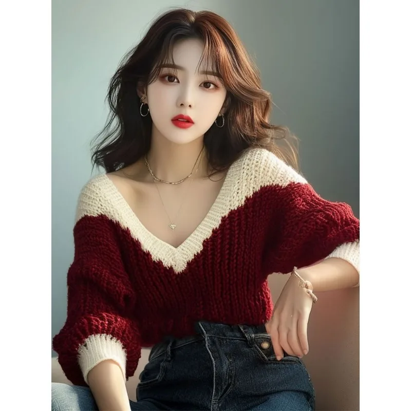 Simplicity Solid Color V-neck Sweater Women Autumn Winter Red Long Sleeve Knitwear Office Lady All-match Trend Knitting Tops