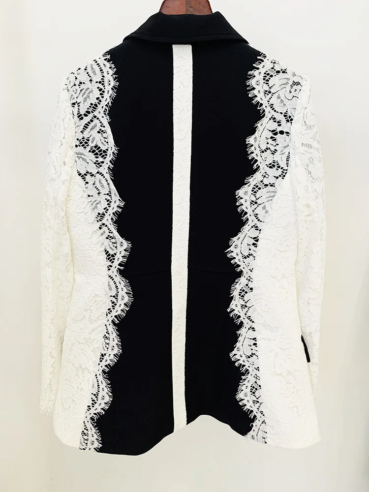 Fashionable slim-fit single-button contrast lace patchwork blazer