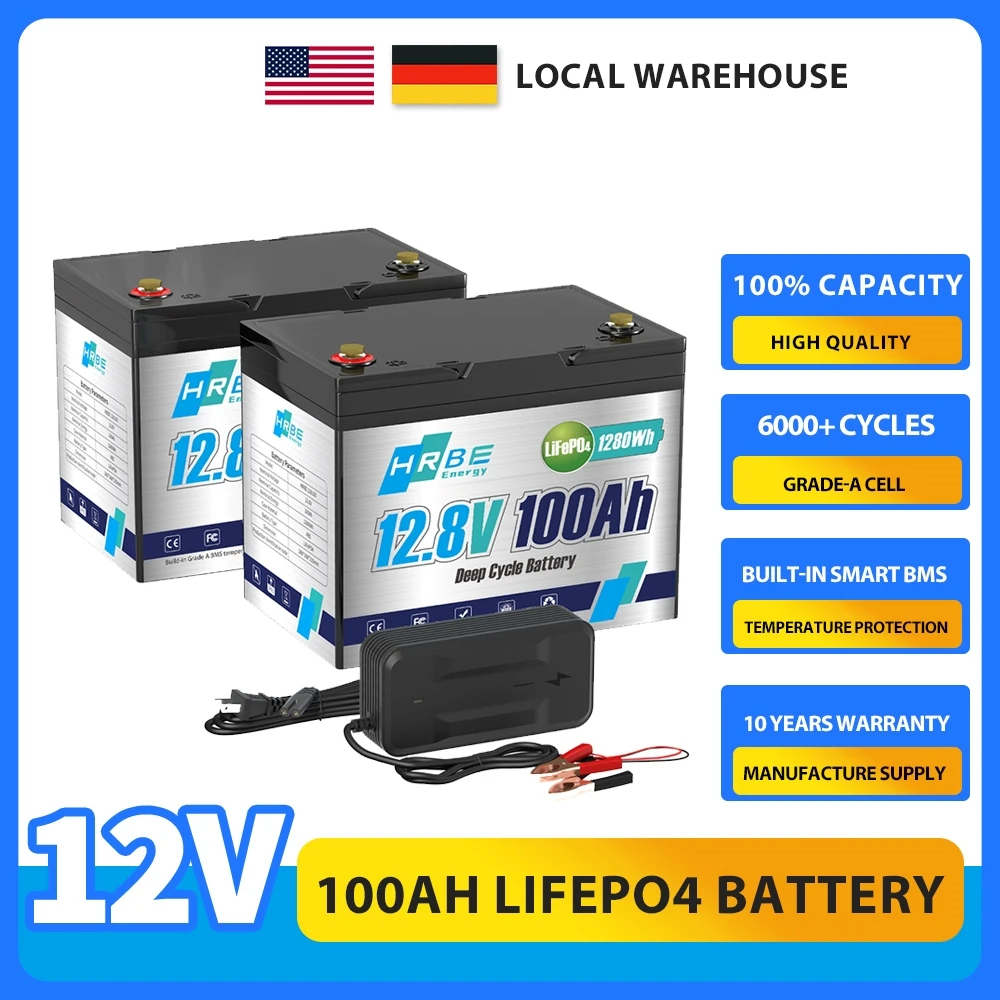 

12V 100Ah LiFePO4 Battery 6000+ Deep Cycle,Built-in BMS,1280W Power Output for Trolling Motor,RV,Home Energy Storage 2 Pack