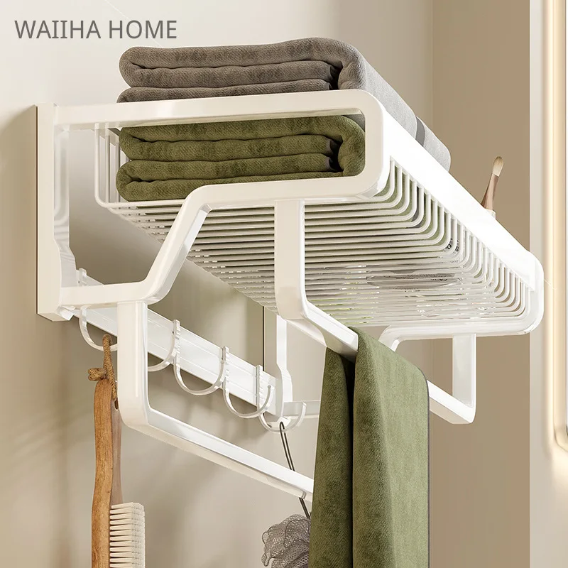 

Bathroom Towel Rack Basket Shower Holder Folding Wall Organizer Hook Hanger Black Aluminum Storage Shelf Bathroom Accessories