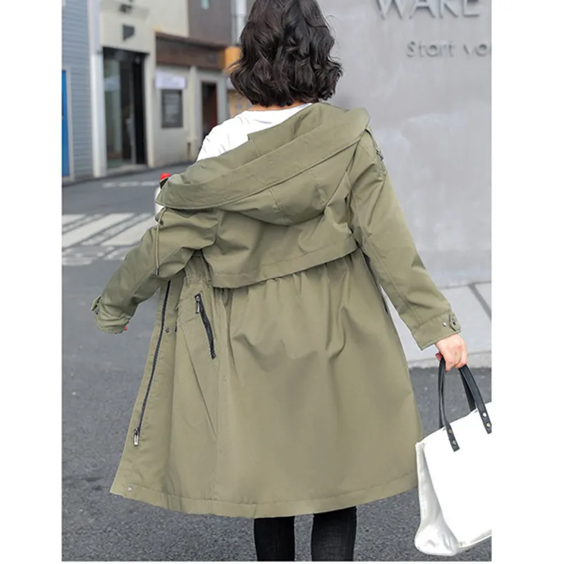 Korean Trench Coat For Women 2024 Spring Autumn Medium To Long Overcoat Casual Hooded Drawstring The Waist Windbreaker Female