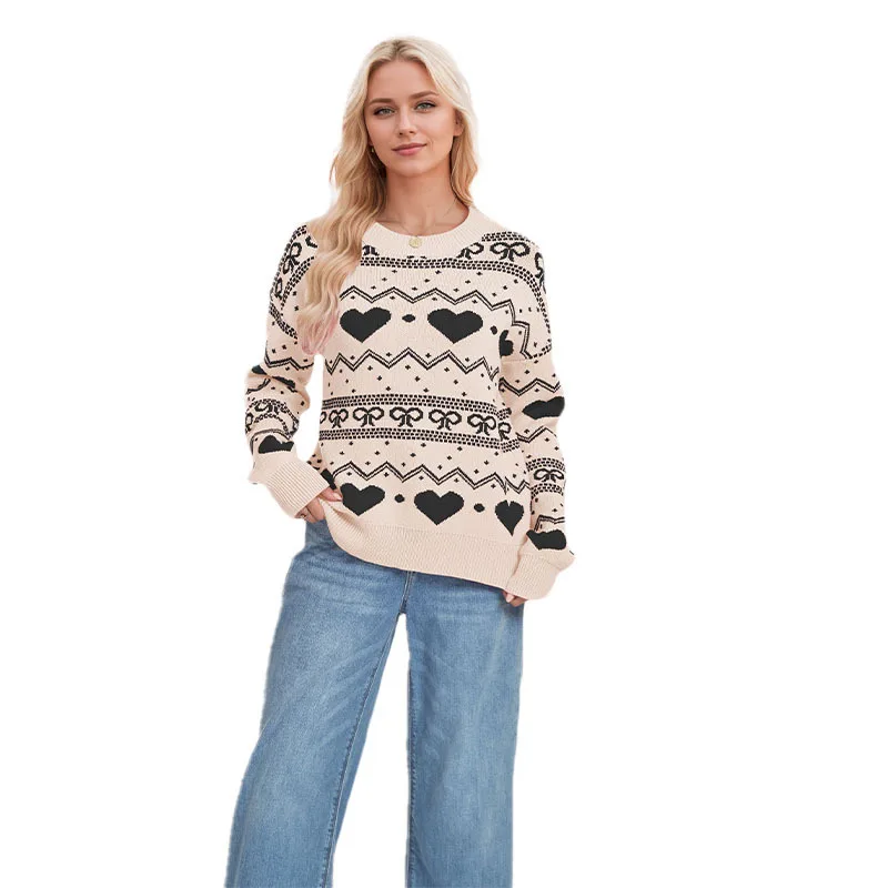 2025 New Fashion Printed Round Neck Knitted Sweater Women In Winter Casual Loose Christmas Love Long Sleeve Top For Women