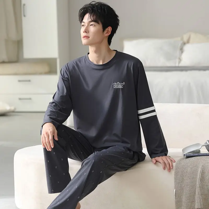 

Осень 2024, хлопковые пижамные комплекты больших размеров с длинными рукавами для мужчин, корейская свободная одежда для сна, мужская одежда для дома, домашняя одежда, домашняя одежда