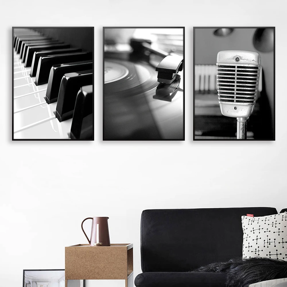 Abstract Art Music Canvas Print Poster, White and Black, Piano Microphone Print, Wall Picture, Painting for Bedroom Home Decor