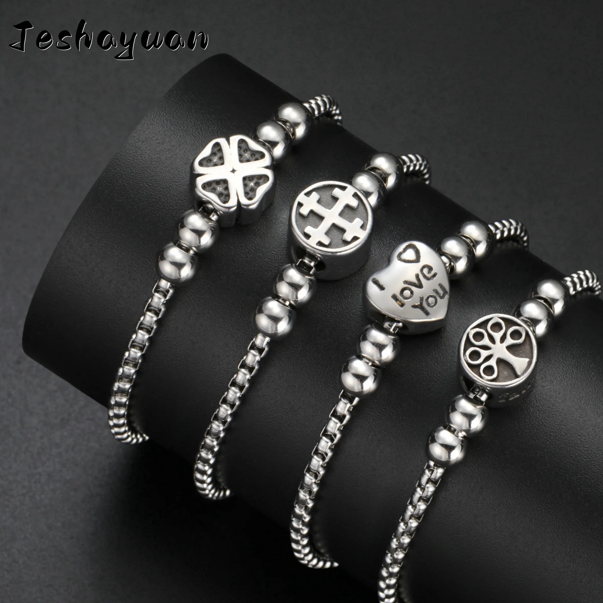 Jeshayuan Vintage Tree of Life Men Stainless Steel Bracelet Four Leaf Clover Heart Jerusalem Cross Peace Symbol Jewelry Gift