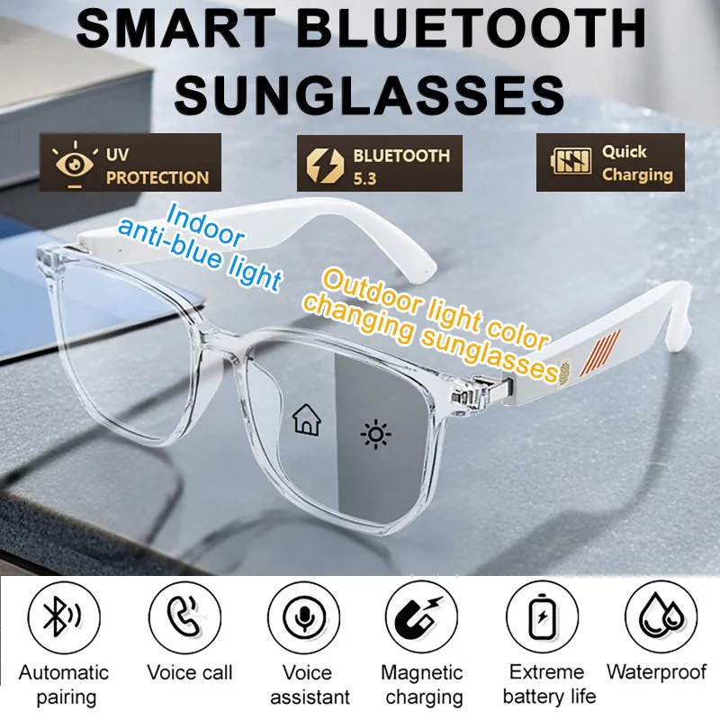 Smart Glasses Anti Blue Light Outdoor Color-Changing Lens Sunglass Audio Built-in Mic & Speakers Touch & Voice Assistant Music