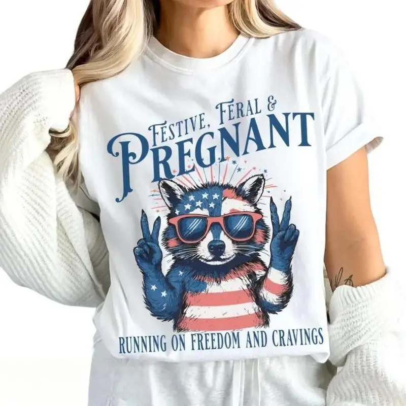 

Festive Feral Pregnant T-Shirt Funny Patriotic Racoon Print Tee Women's Maternity Casual Top Freedom Cravings Gift