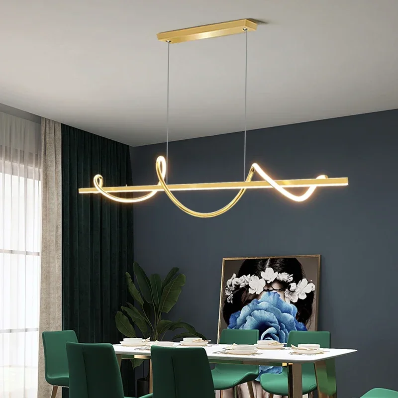 Modern Long Rotate Pendant Lamp with Remote Control Gold for Dining Room Kitchen Coffee Table Home Decor Lighting Fixture