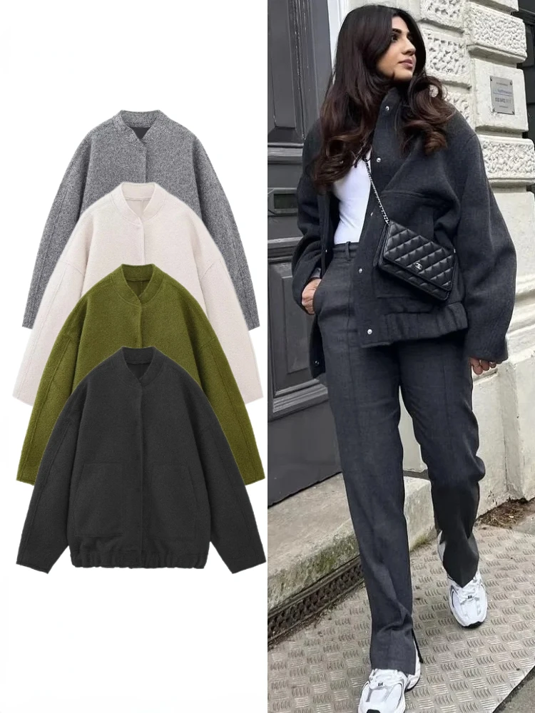 Women's New Pocket Decorative Hidden Button Loose Versatile Oversized Bomber Jacket Round Neck Long Sleeve Casual Top Coats