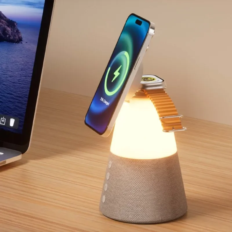 3 in 1 Wireless Charger Magnetic Fast Charging Station for iPhone Watch Bluetooth Speaker Night Light Dual Device Power Dock