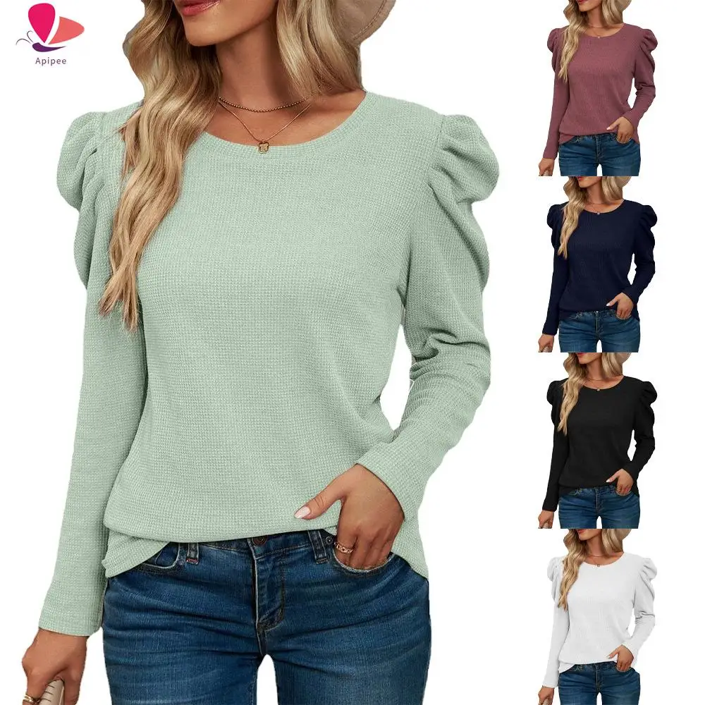 APIPEE Autumn New European and American Style Long-Sleeve Pleated Patchwork Round Neck Waffle Cotton T-shirt Women's Top