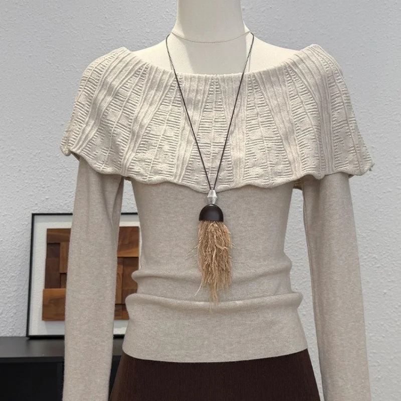 Brown Off Shoulder Knit Sweater Long Sleeve Ruffled Top Slim Fit Pullover for Women Korean Style Spring Autumn Wear 2