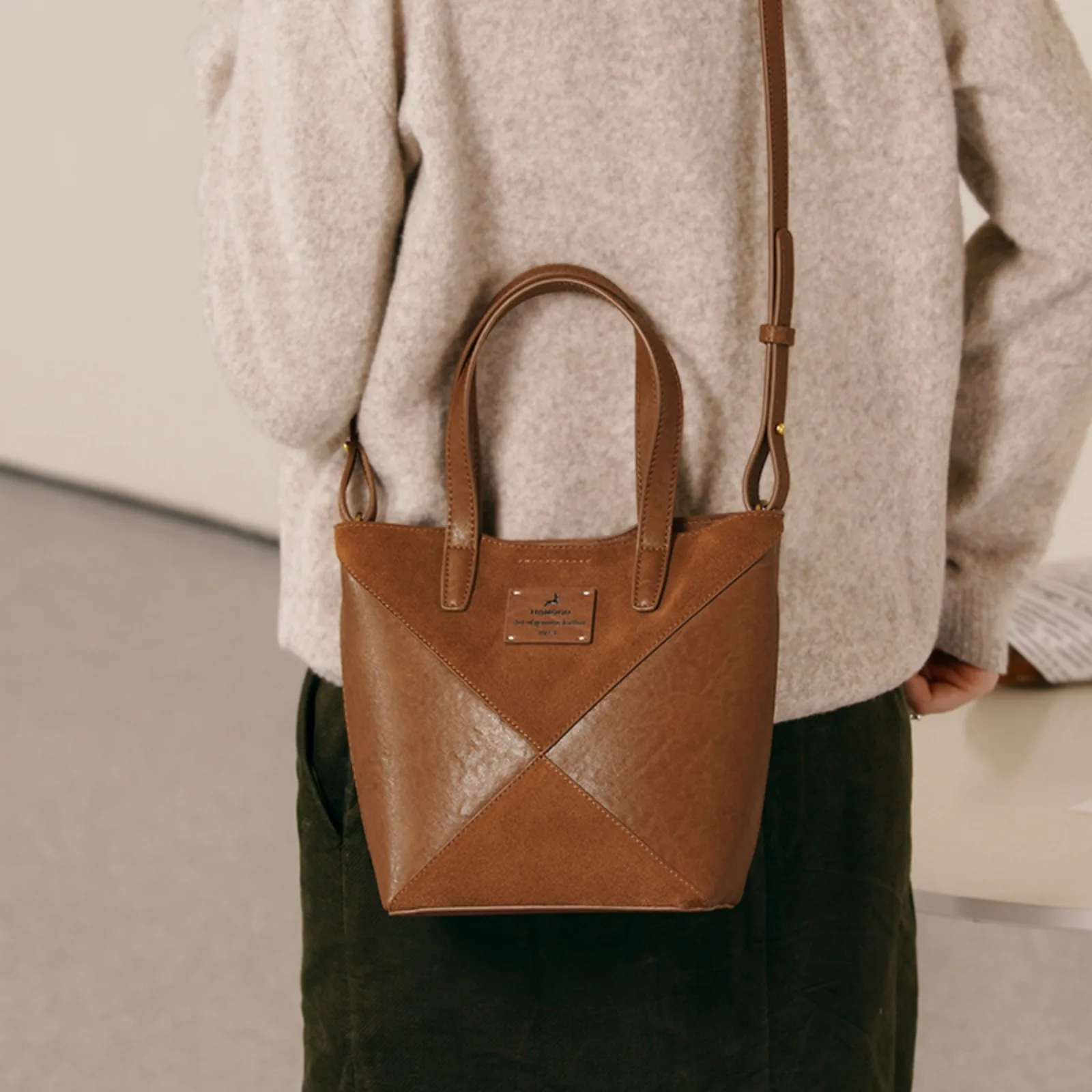 ITAMOOD Women Tote Bag Large Capacity Bucket Handbag Brown Vegetable Tanned Suede Splicing Designer Female Shoulder Bag Fashion