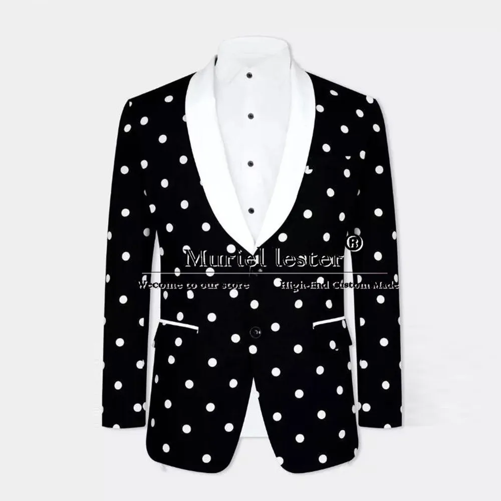 Business Suits Men Bespoke Classic Black With White Polka Dotted Jacket Pants 2 Piece Set Bridegroom Tuxedos Terno Masculino