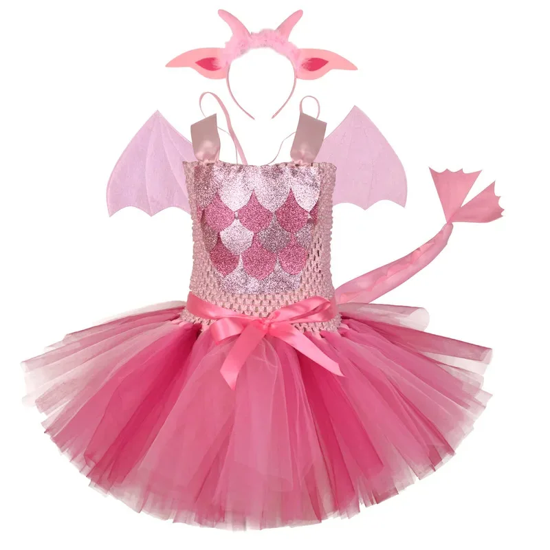 

Kids Halloween Pink Dinosaur Costume Toddler Girl Jungle Safari Animal Cosplay Tutu Dress